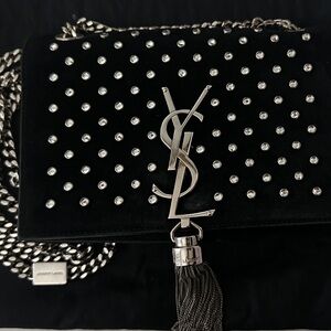 Yves Saint Laurent YSL Pompom Kate Studs Suede Crossbody Bag Black